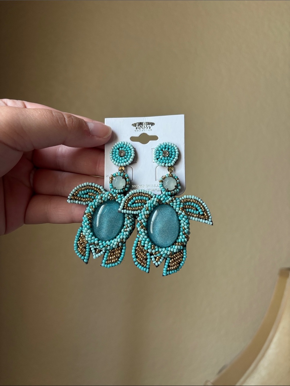Beaded Turquoise Turtle Statement Drop Earrings